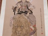 painting of a woman riding a lion with a crown on her head