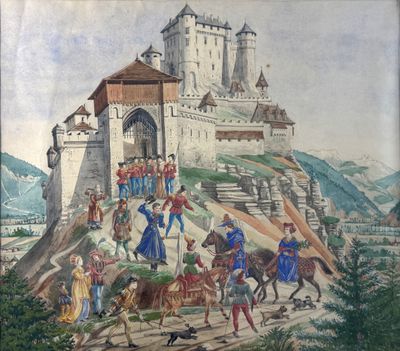 une image représentant un tableau d'un château situé sur une colline, avec des personnages à cheval