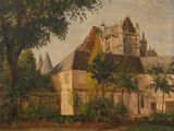painting of a large building with a clock tower on top of it