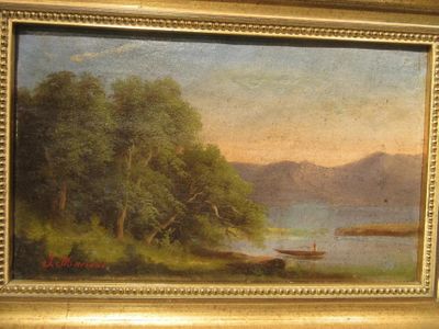 painting of a boat on a lake with trees and mountains in the background