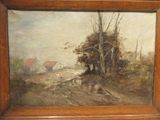 une peinture à l'huile représentant une scène champêtre avec une grange au loin
