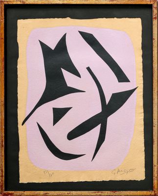 une peinture représentant un motif abstrait noir et rose sur fond jaune