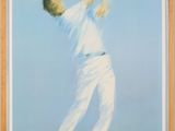 painting of a man swinging a golf club with a blue sky in the background