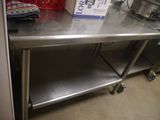 a stainless steel work table in a commercial kitchen