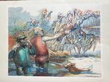 a painting of a man and a dog in front of a bunch of bicycles