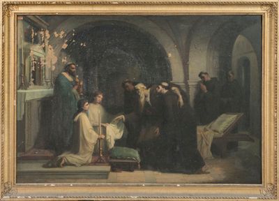 tableau représentant un groupe de personnes rassemblées autour d'un homme dans une église