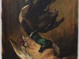 une peinture à l'huile représentant un canard et un caneton posés sur une table