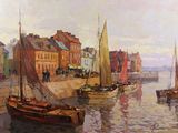 a painting of a harbor scene with boats in the water