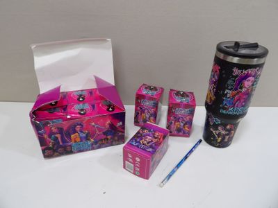 a cup, pencil, and other items that are on a table
