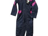 an image of a blue and pink coverall with a tag on it