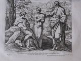 an old book with a drawing of a woman and two men in a wooded area