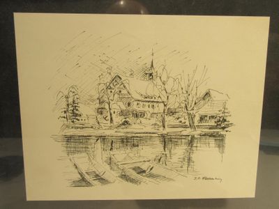 dessin au crayon représentant une maison au bord de l'eau, avec un bateau au premier plan