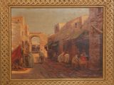 tableau représentant une scène de rue avec une calèche au premier plan et une calèche au premier plan