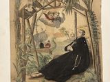 an old drawing of a woman in a black dress sitting in front of a tree
