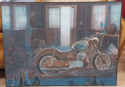 une photo d'un tableau représentant une moto posée sur une table
