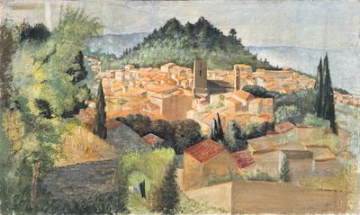 une image représentant un tableau d'une ville avec une colline en arrière-plan