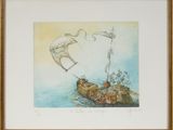 painting of a man flying a kite over a boat in the ocean