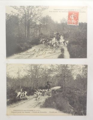 two black and white photos of horses and riders on a dirt road