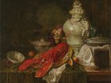 un tableau représentant un homard posé sur une table, à côté d'un vase