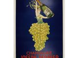 un tableau représentant une femme tenant une bouteille de vin au-dessus d'une grappe de raisin