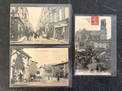 three old postcards of a street scene with horses and carriages