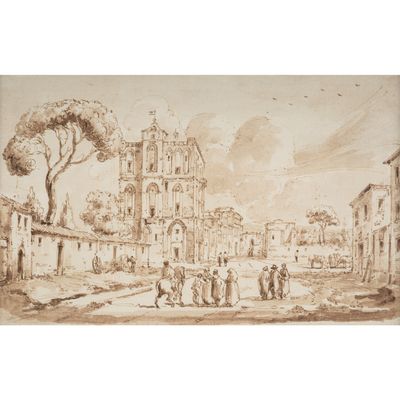 une image représentant un dessin d'une ville avec une église en arrière-plan