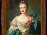 a painting of a woman in a blue dress with flowers in her hair