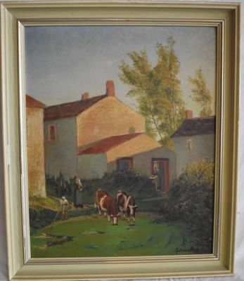 a picture of a painting of cows in a field
