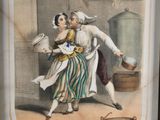 an old picture of a man and a woman dancing in a kitchen