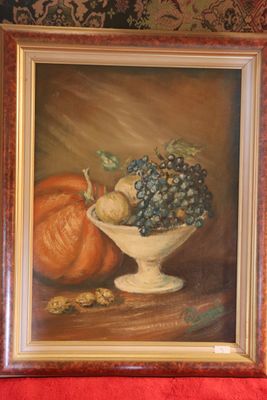 painting of a still life of grapes and pumpkins in a white bowl
