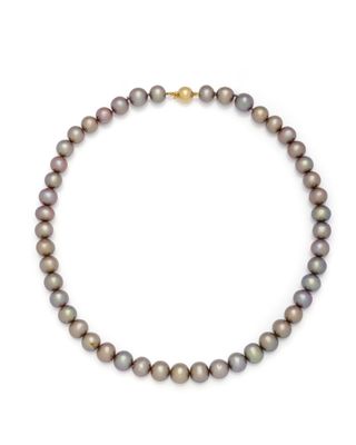 a grey pearl necklace with a gold clasp on a white background