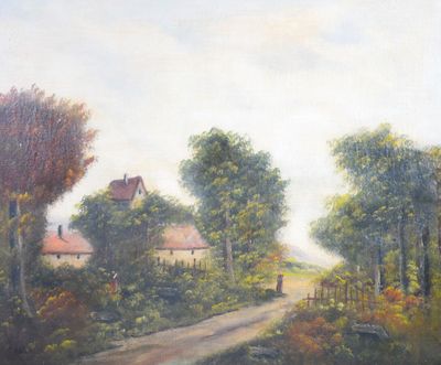 un tableau représentant une route de campagne avec une maison au loin