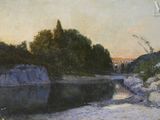 l'image d'une peinture représentant une rivière avec un pont en arrière-plan