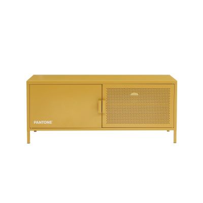 the mustard sideboard is made from metal and has a mesh door