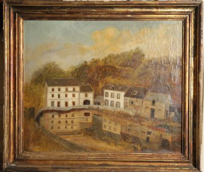 an oil painting of a city scene with a bridge and buildings