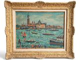 tableau représentant une vue de Venise avec des bateaux et des personnes sur l'eau