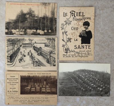plusieurs vieilles cartes postales de différents types et formats posées sur une table