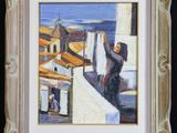 an oil painting of a woman hanging clothes on a clothes line