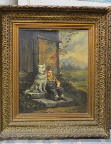 Charles DESHAIS : « l’enfant et son chien », huile sur toile, sig...
