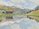 a watercolor painting of a mountain scene with a lake in the foreground