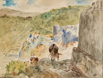 a watercolor painting of a cow standing on a hill
