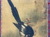 a painting of a bird sitting on a branch of a tree