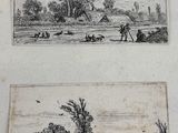 two drawings of a landscape with people and animals in the foreground