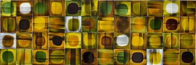 yellow and green shower curtain with circles and dots on it