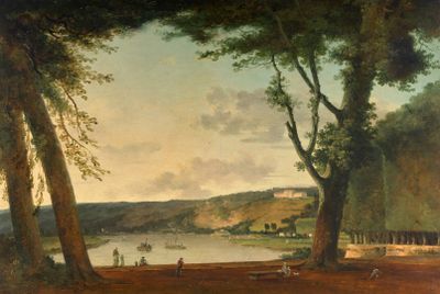 tableau représentant une vue sur une rivière, avec des arbres et des personnages au premier plan