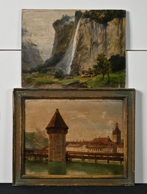 deux tableaux représentant un château et une cascade sur un mur blanc