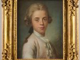 a painting of a young man in a white shirt and gold frame