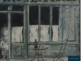 a painting of a woman sitting at a table outside of a restaurant