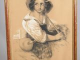 painting of a woman in a hat with a cat on a easel