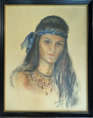 tableau représentant une femme portant un bandana sur la tête, dans un cadre noir